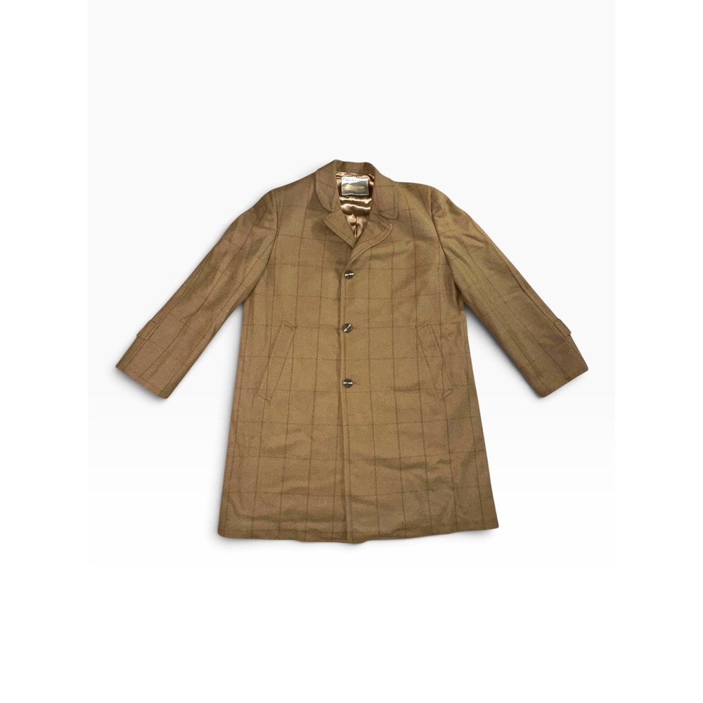 Neiman Marcus The Montanaro Coat Mens 44 Camel Tan Italian Wool Windowpane Plaid